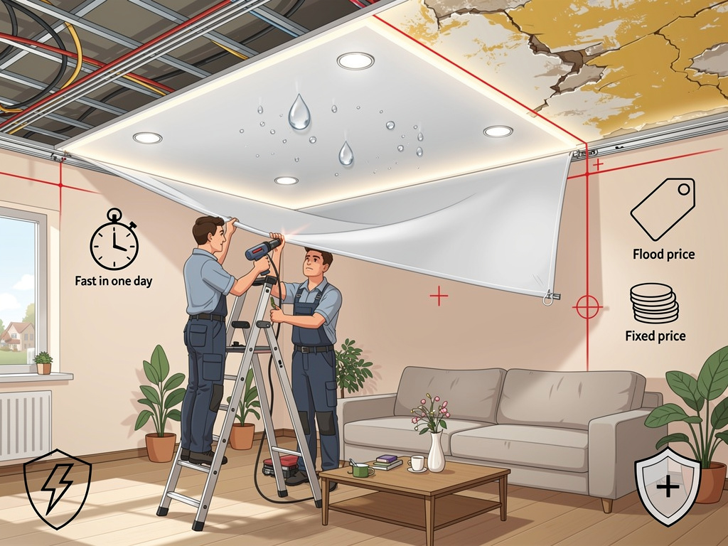 7 причин заказать натяжной потолок под ключ: монтаж за день, ровно, с защитой от потопа и без доплат Potolki-Vsem